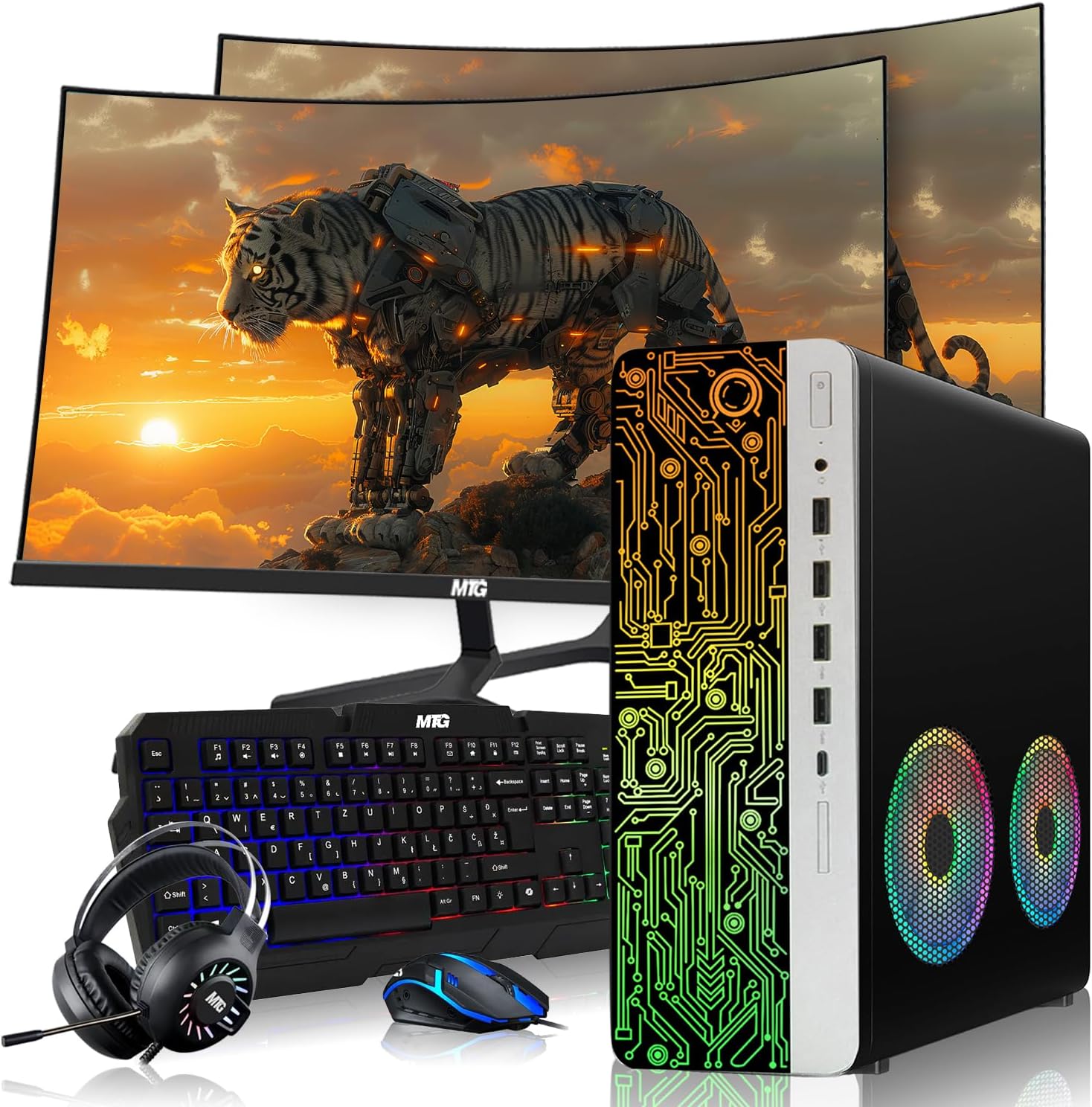HP Gaming PC Desktop Computer – AMD Pro A10-9700,RX 550 Graphics,8GB RAM,1TB SSD,Dual 32 Inch Curved Monitor,RGB Keyboard with AI Copilot,Mouse,2X ARGB Fan WiFi,RGB Headphone,Windows 11(Renewed)