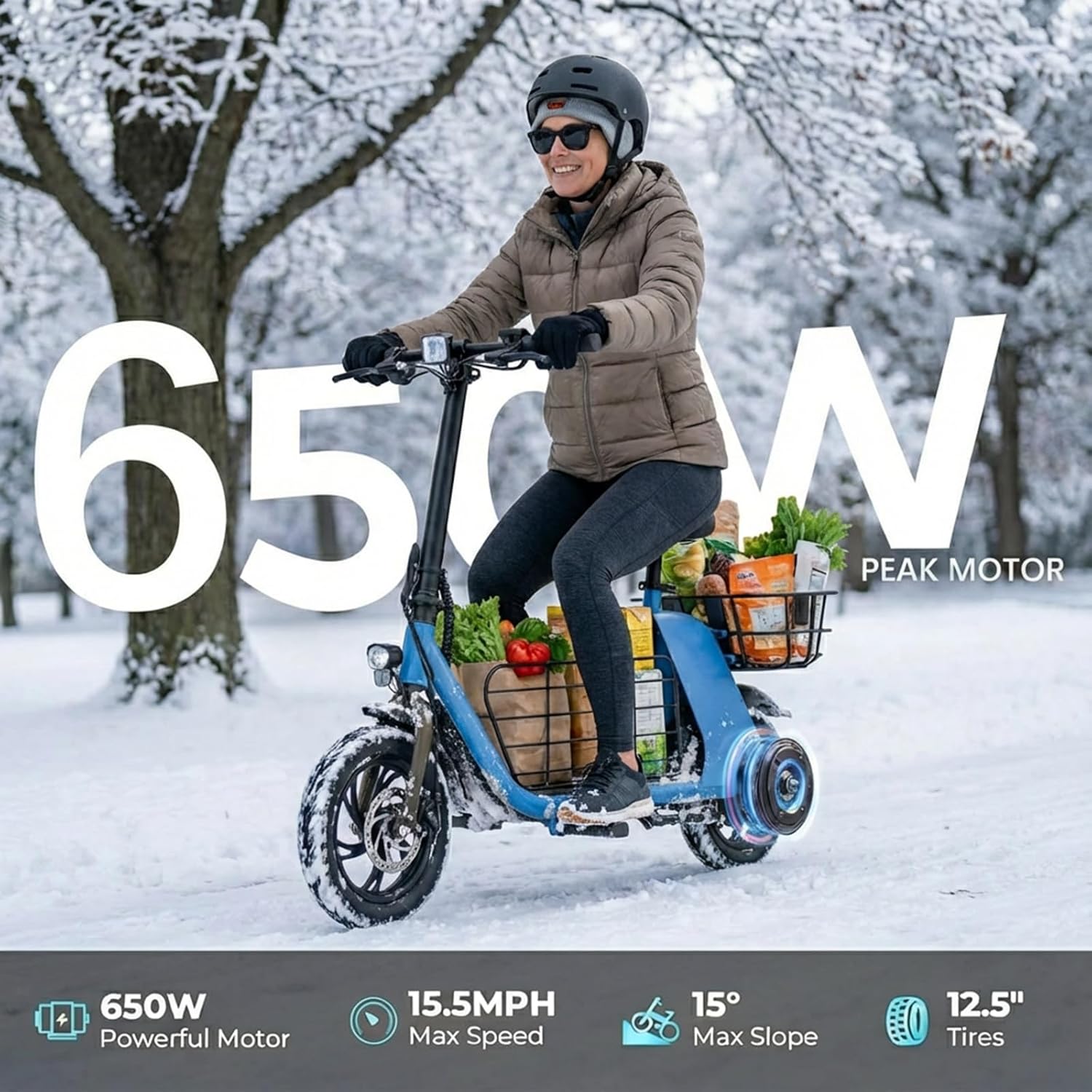 Windhorse Electric Scooter with Seat for Adults, 650W Peak Motor Up to 15.5 MPH & 20 Miles Range, Foldable Commuter E-Scooter with Dual Baskets for Pets & Cargo, 12.5