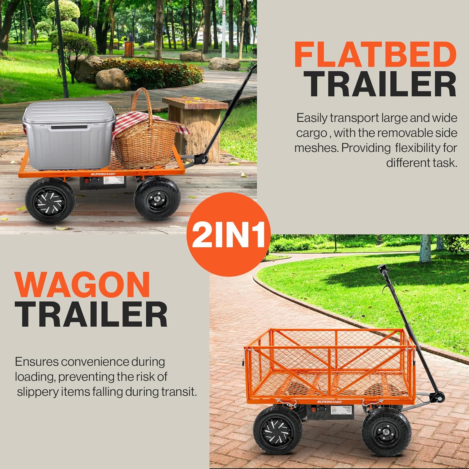 SuperHandy Electric-Assist Garden Cart - 5.7 Cubic Ft Utility Wagon, 440lbs Load, All-Terrain 10in Wheels, Anti-Rust Steel Frame, Convertible Flatbed Design