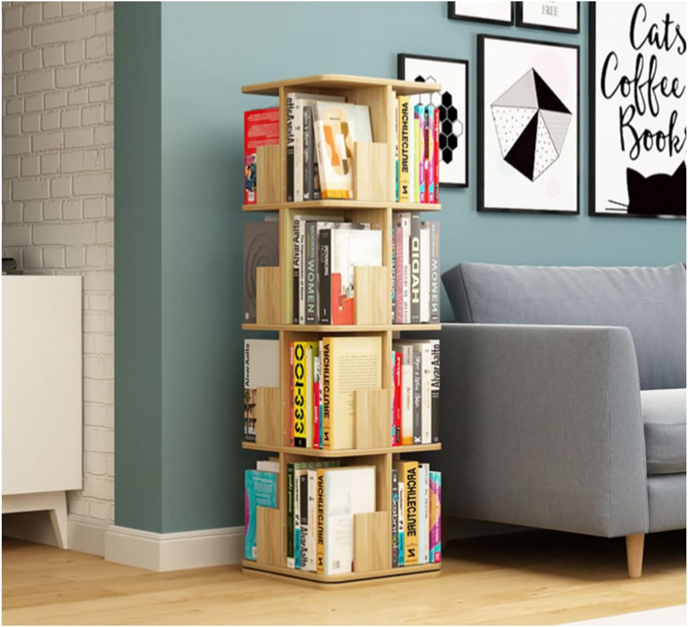 Rotating Bookshelf 2 Tier/3 Tier/4 Tier 360° Display Square Revolving Bookcase Creative Floor Standing Storage Display Rack for Home