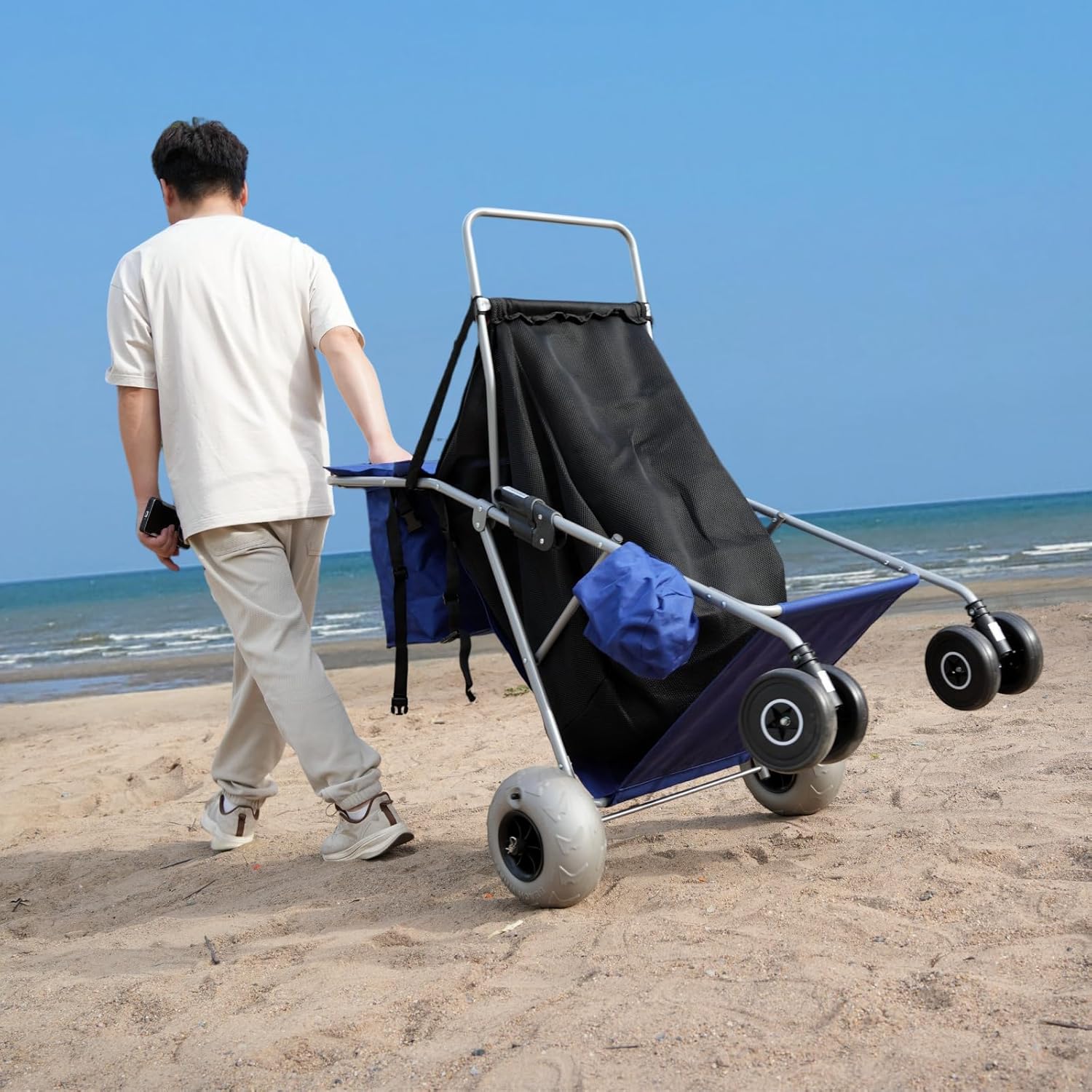 Beach Cart with 10‘’ Balloon Wheels, Holds 4 Folding Chairs, Collapsible Wheeler with Big Wheels for Sand, Pump Included