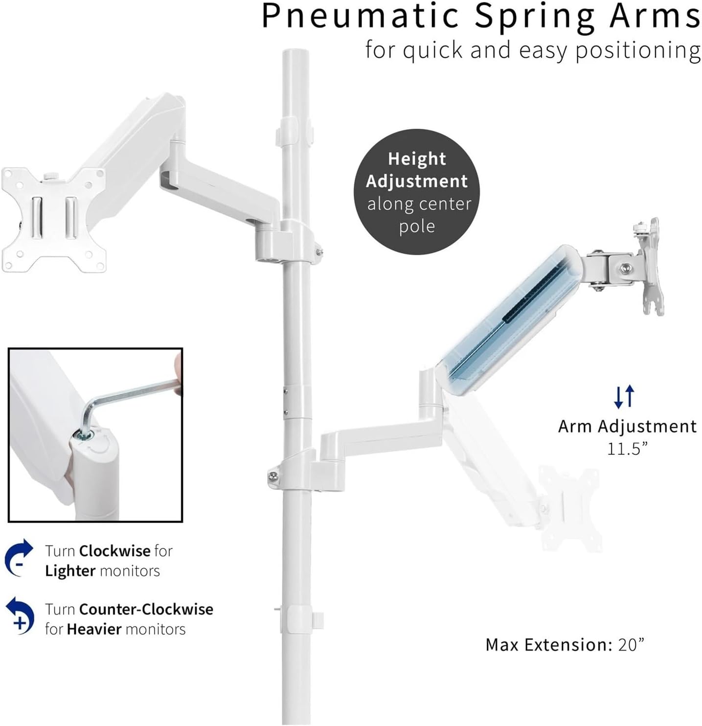 White Extra Tall Dual 17 to 32 Inch Monitor Pneumatic Sit-Stand Desk Stand -