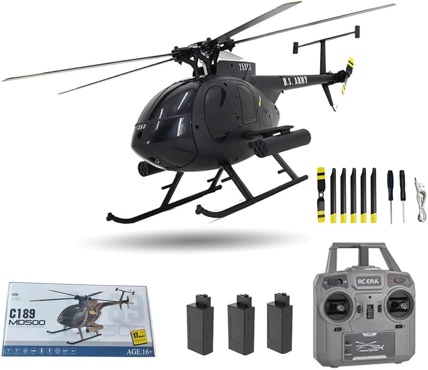 RC ERA C189 MD500 RC Helicopter for Adults, 1/28 Scale RTF Single-Rotor Helicopter 4CH 2.4GHz with 6-Axis Gyro & 3D Stunt & Brushless Motor & Optical Flow & One-Key Takeoff/Landing