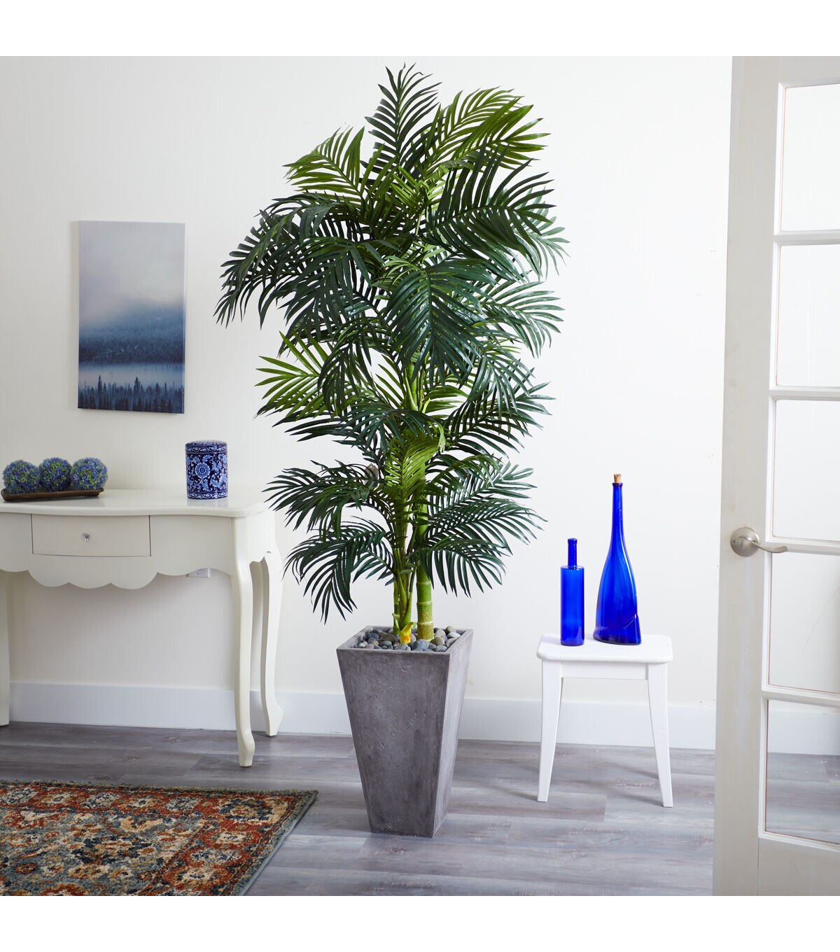 Nearly Natural 7ft. Golden Cane Artificial Palm Tree in Cement Planter