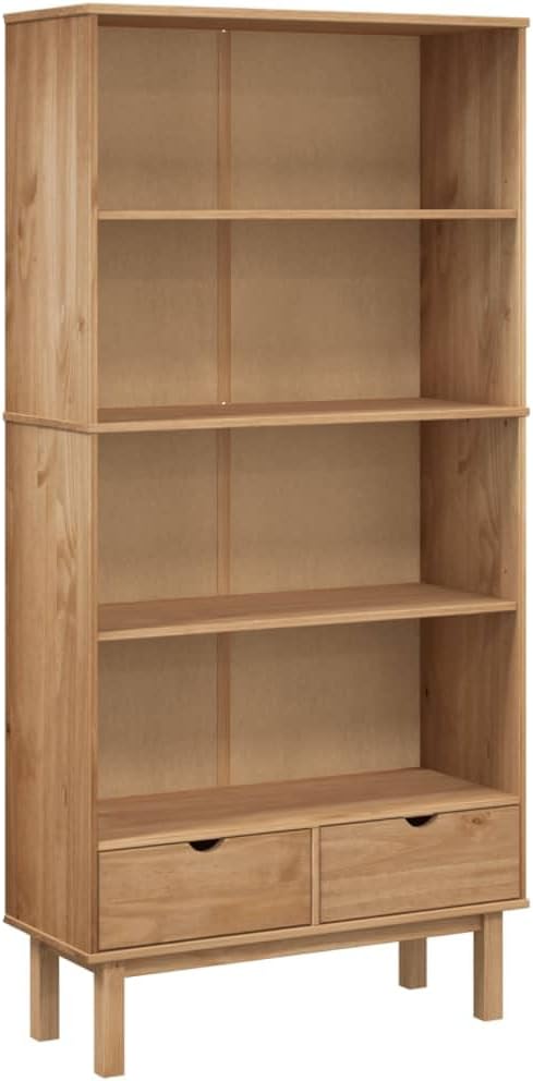 vidaXL Bookcase OTTA with 2 Drawers Wooden Bookshelf Book Stand Storage Cabinet Highboard Book Rack Storage Chest Brown Solid Wood Pine
