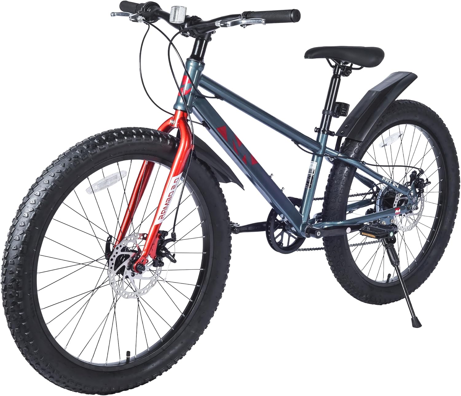 24x3.0 Fat Tire Kids Mountain Bike Snow Bike Beach Bike for 10-15 Years Old Steel Frame Disc Brake Bike 7 Speeds, Grey&Red