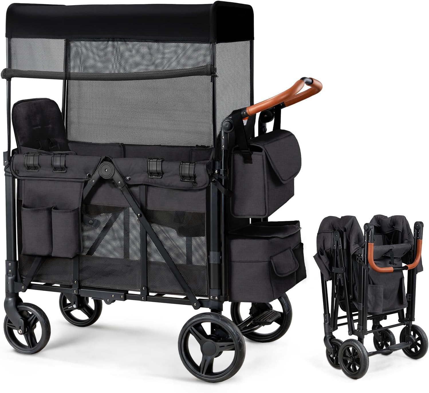 Wagon Stroller for 2 Kids, Foldable Wagon for Kids and Infants, All Terrian Wheels with Shock-Absorbing, 5 Point Harness, Removabel Canopy and Ample Storage Bag Included (Black)