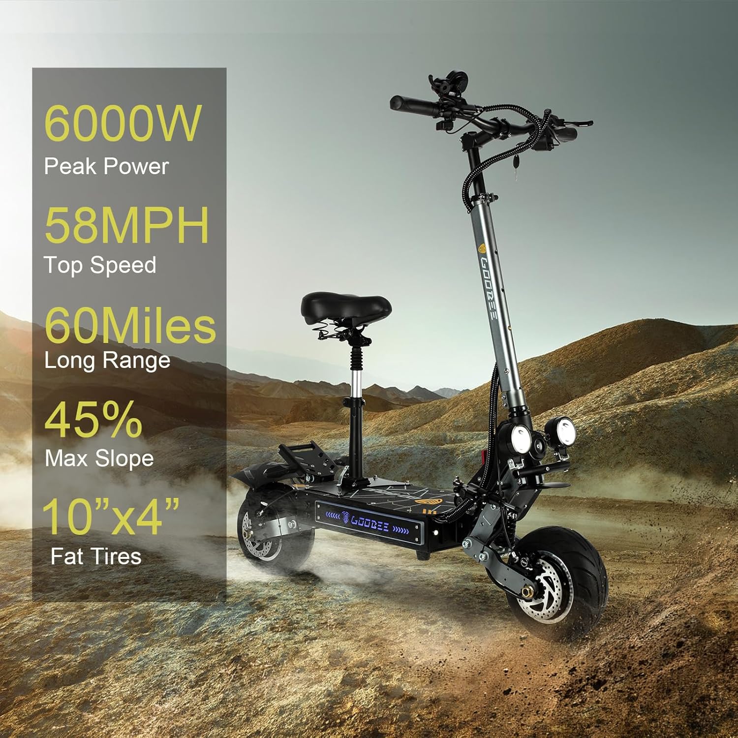 Adult Electric Scooter 50MPH Fast ZonDoo ZO01 Plus Pro 6000W Dual Motors 60 Miles Long Range Fat Tires Oil Hydraulic Brake Dual Suspension All Terrain Escooter with Seat for Heavy Duty Adults