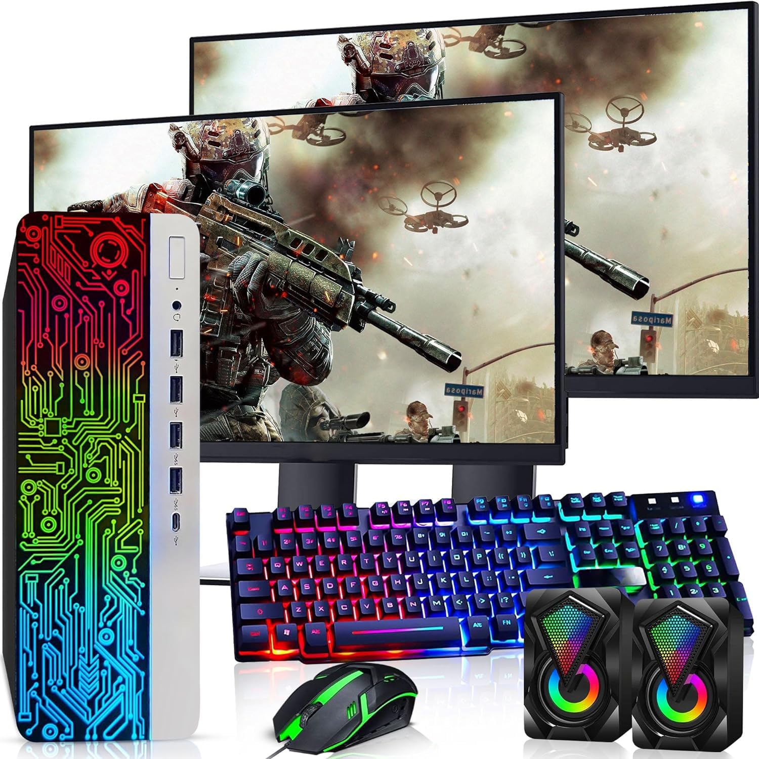 HP ProDesk RGB Desktop PC, Intel Core i5 6th Gen | 16GB DDR4 Ram | 512GB SSD | Dual 22 Inch Monitors | Gaming Keyboard & Mouse | Computer with AMD Radeon RX-550 4GB | Windows 11 Pro (Renewed)