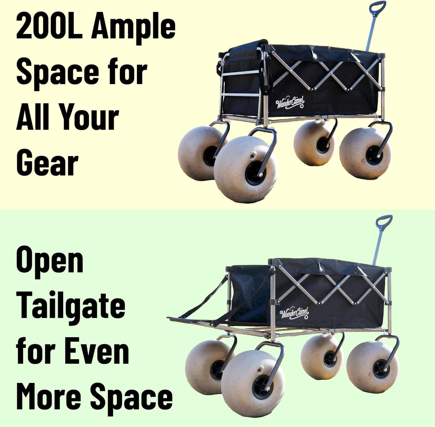 Beach Wagon with Big Wheels for Sand, 13'' Balloon Wheel, Collapsible Cart with All Terrain Inflatable Tires (Black, 185L)