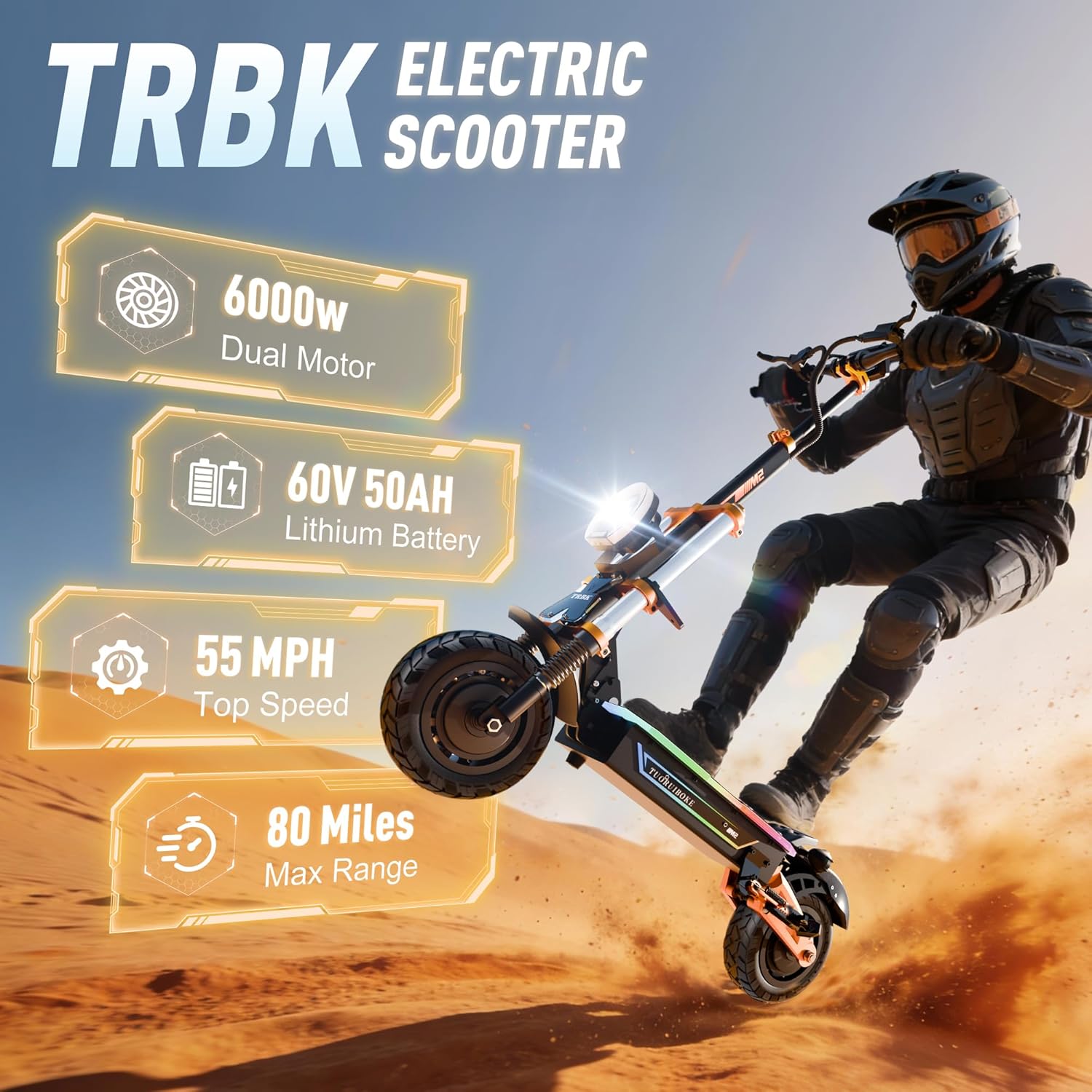 TRBK-M2 72V10000W Dual Drive Off-Road Electric Scooter, 11-inch All-Terrain Tires, 60 mph Top Speed, 35 AH Li-Ion Battery, 62 Mile Range, Hydraulic Brakes/Shock Absorption,Smart Large Screen with Seat