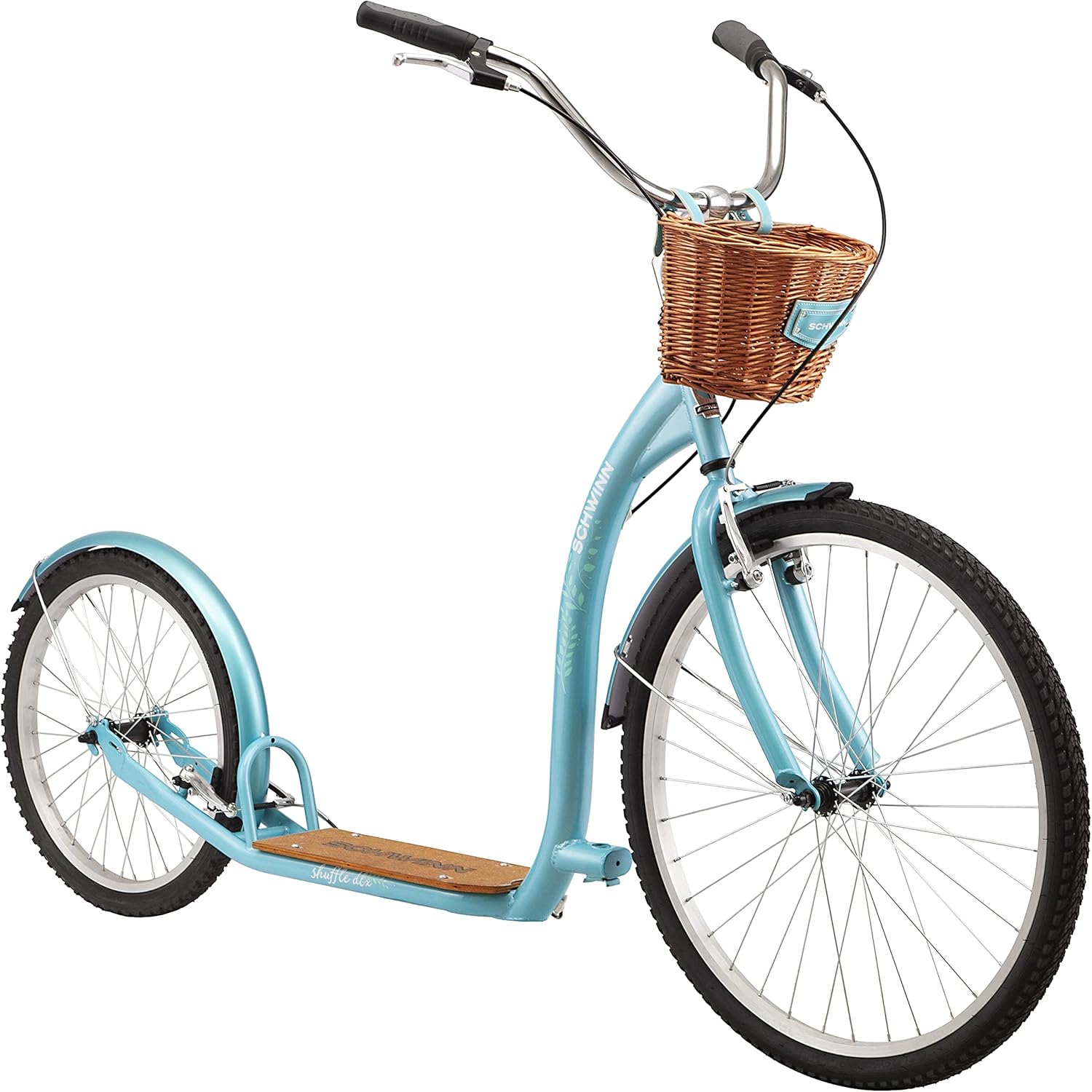 Schwinn Shuffle or Shuffle Deluxe Adult Kick Scooter, 26 Inch Front Wheel & 20 Inch Rear Wheel, Smooth Ride, Durable Steel Frame, Fenders, Front & Rear Linear Pull Brakes, Two Wheel Scooter for Adults