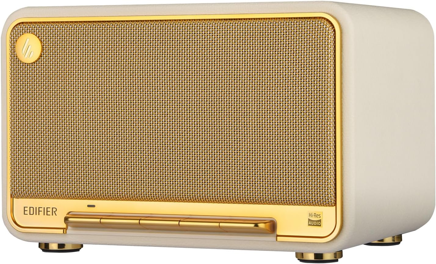 Edifier D32 Tabletop Wireless Speakers 60W RMS, Hi-Res Audio Bluetooth 5.3 Speaker Support LDAC, Portable Retro Wooden Compatible with AirPlay2, USB-C and AUX Inputs, 11 Hours Playtime, White