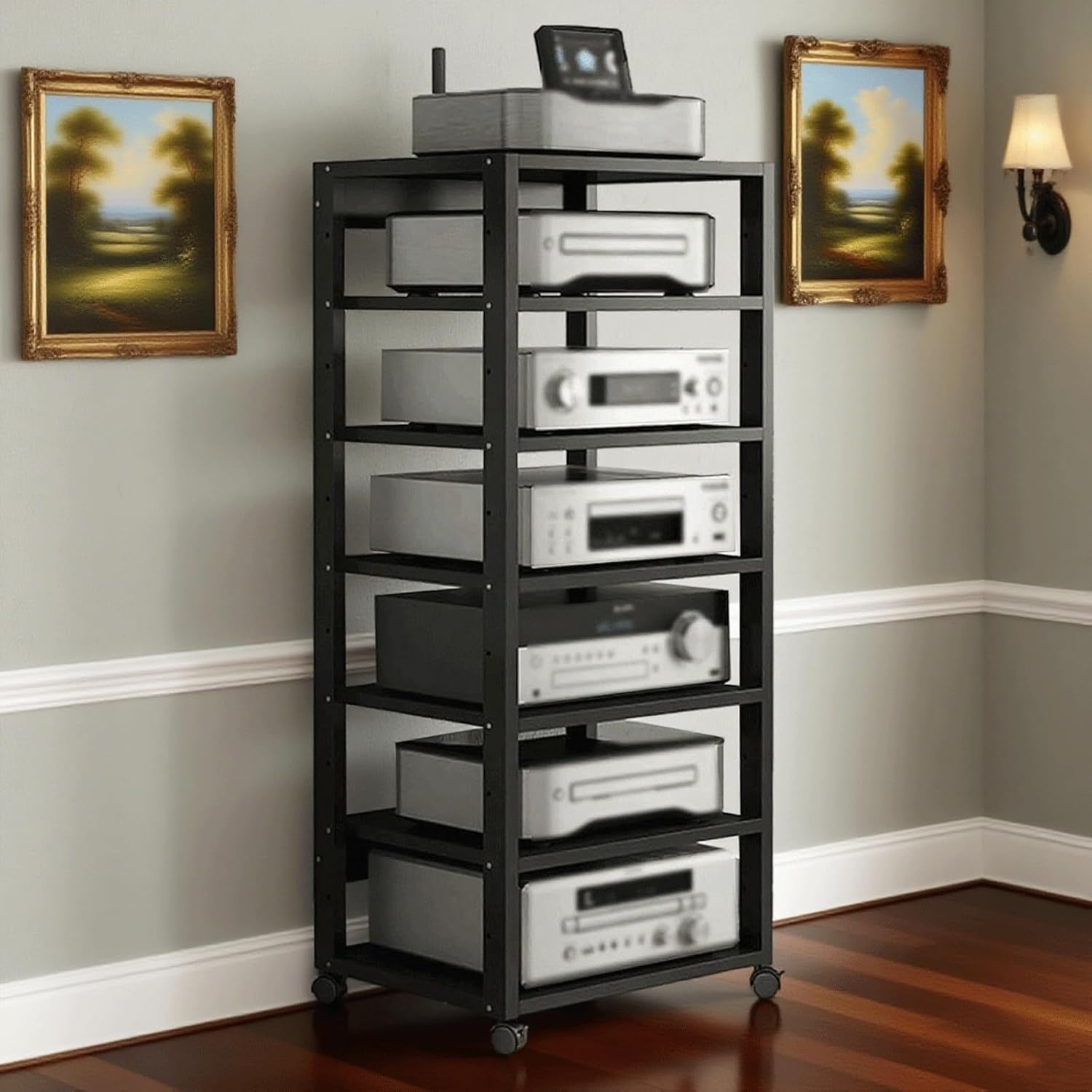 7-Tier AV Media Stand Movable Audio Rack Wooden Storage Cabinet Entertainment Center Shelves Component Stereo Shelf Systems Tower Player Stand Perfect(Black)
