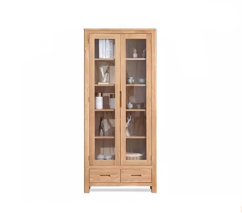 LOVULIFE Book Shelf Storage Rack Solid Wood Bookcase Nordic Simple Oak Study Room with Glass Door Bookshelf Combination Storage Rack Display Cabinet Bookshelf Bookcase
