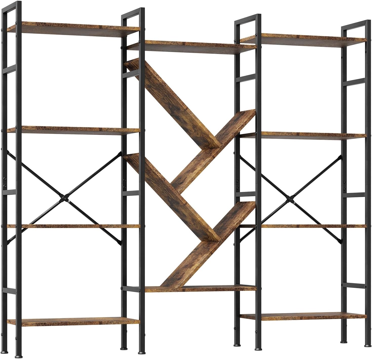 CuisinSmart 4 Tier Large Industrial Bookcase with Tree Shelves, Heavy Duty Tall Open Bookshelf with Steel Frame, Rustic Display Shelves for Bedroom Living Room