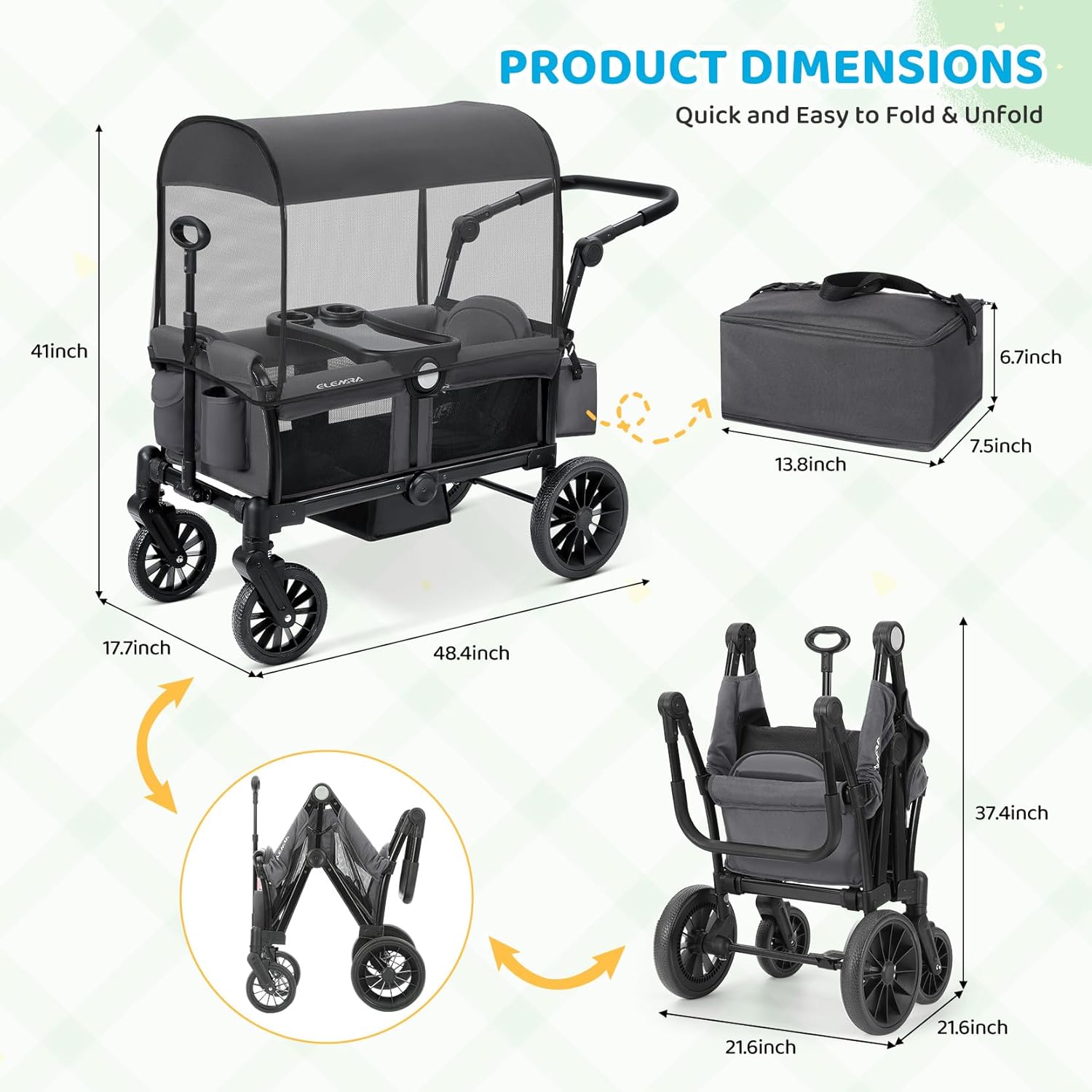 ELEMARA Foldable Wagon Stroller, Stroller Wagon for 2 Kids, Premium All Terrain Wagon for Kids with Removable Canopy, Adjustable Push/Pull Handle, Harnesses, Large Storage Bag
