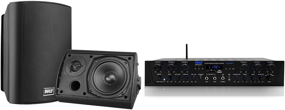 Pyle Waterproof Wall Mount Speaker System - 5.25 Inch Active & Wireless Home Audio Amplifier System - Bluetooth Compatible Sound Stereo Receiver Amp - 6 Channel 600 Watt Power