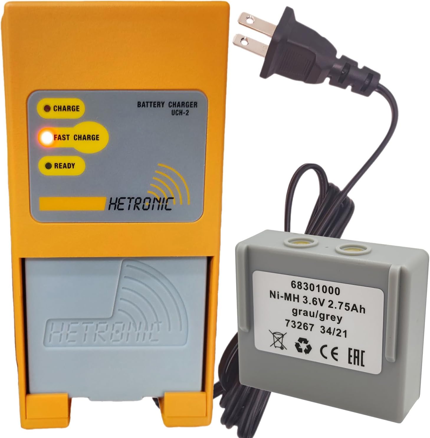 68301000 68300900 Battery Charger UCH-2 (Input 90-270VAC Out 300/780mA) with 3.6 Volt 2750mAh 68301000 Batteries, Hetronic 68301000 (68300900) Battery with Charger