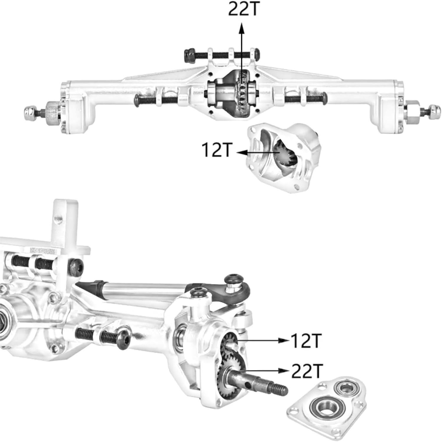 Rc Front Rear Axle for TRX4M 1/18 RC Crawler Car Axle Upgrade Parts Aluminum CNC Portal Axles +10mm with Lay Down Servo Mount Links(Silver)