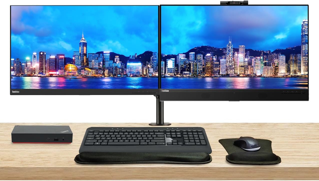 Lenovo ThinkVision T27hv 27-inch, 2-Pack Bundle with T27h, HDMI, DisplayPort, Webcam, Speaker, Microphone, Dual Monitor Stand, ThinkPad USB-C Dock, MK540 Wireless Keyboard & Mouse, Mouse & Wrist Pad
