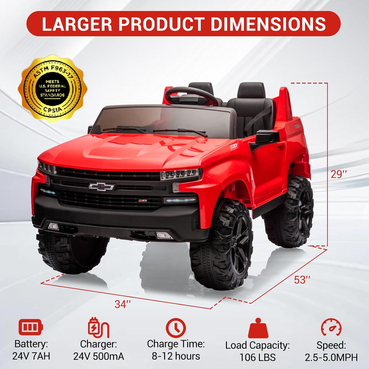 Licensed Chevrolet Silverado Kids Ride on Car 24v 2-Seater Truck, Electric Vehicle with Parent Remote Control for Toddlers & Big Kids, Realistic Design with LED Lights & Horn