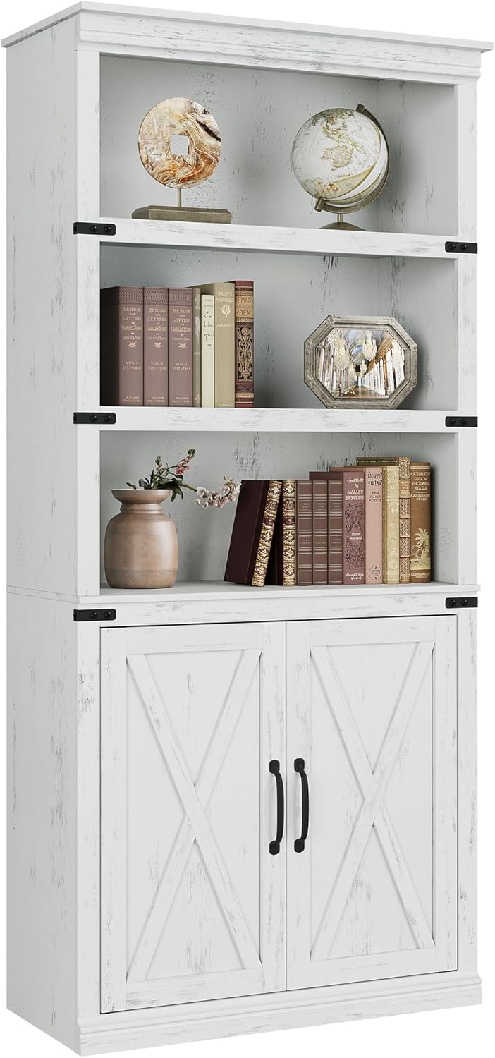 Farmhouse Bookcases with Doors, 5 Tier Bookshelf with Barn Doors and Adjustable Shelves & Wooden Storage Cabinet, 70 Inch Tall Book Shelf and Bookcase for Living Room, Home, Office, Bedroom (White)