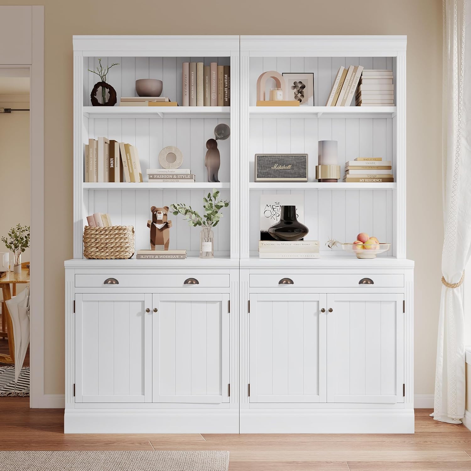 Duxelifin 83.4”Tall Bookshelf Suite with Doors and LED Lighting,2-Piece Set Storage Bookcase with Drawer and Open Shelves,White Bookshelf for Home Offices, Living Rooms,Modern Book Shelves(White)