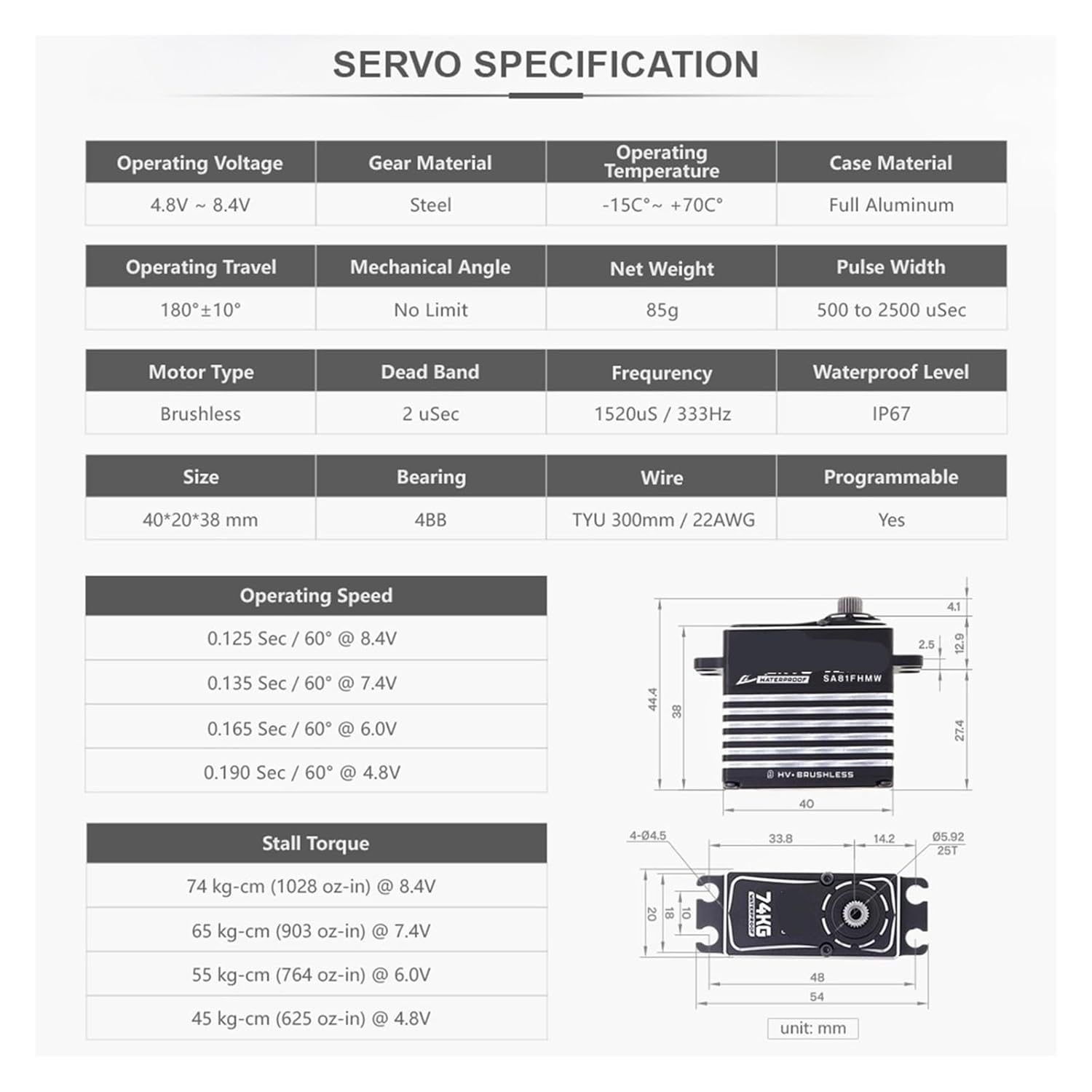 SA81FH HV 0.125Sec 74KG High Torque 4 Pole Brushless Motor IP67 Waterproof Programmable Conventional and Winch RC Servo(Winch Mode Set2)