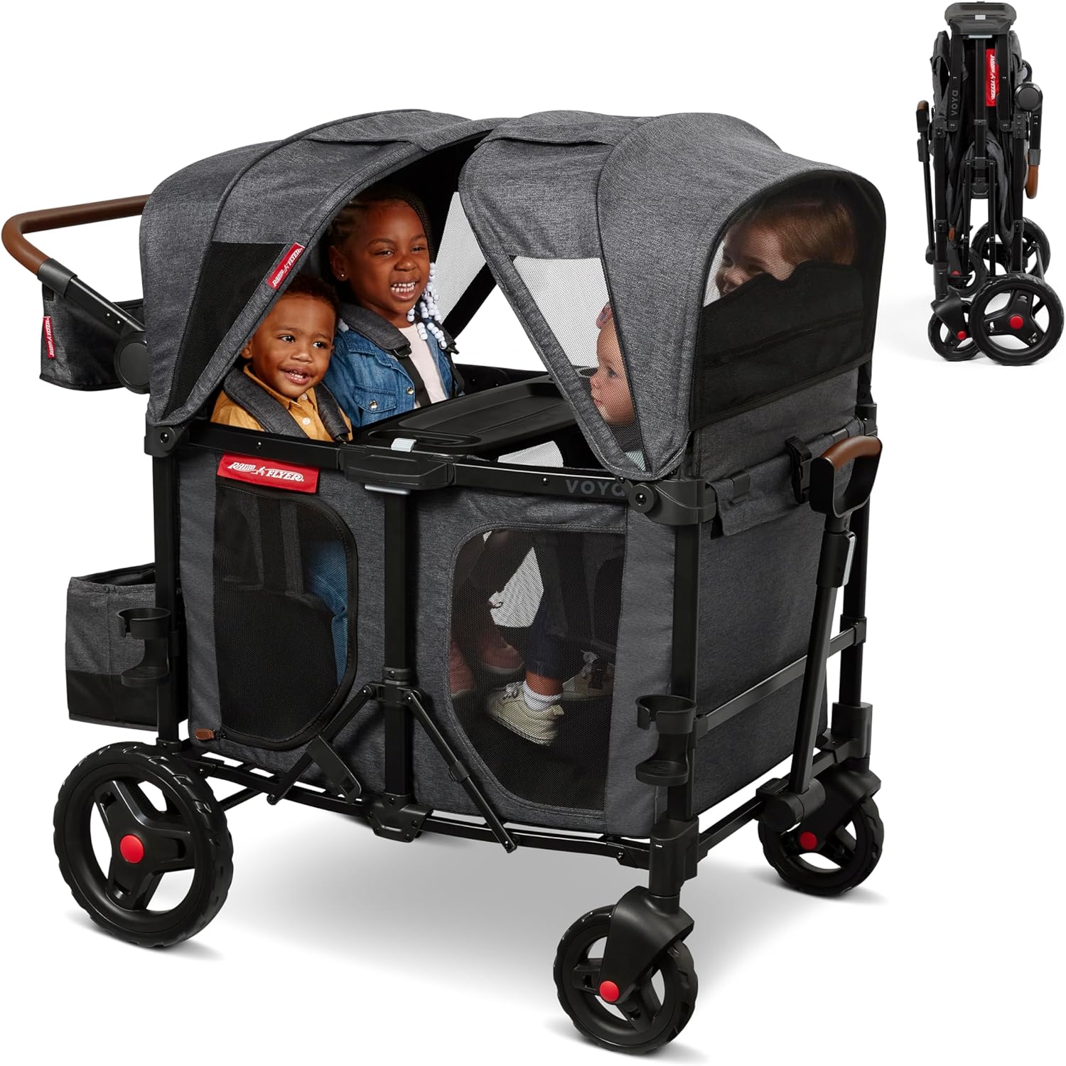 Radio Flyer Voya XT Quad Stroller Wagon, for Ages 6+ Months, Extra Tall Sides, Push or Pull, 4 Seats, Dual Sun Canopies, Compact Fold, Storage Space, 5-Point Harnesses, Stroller Wagon for Kids