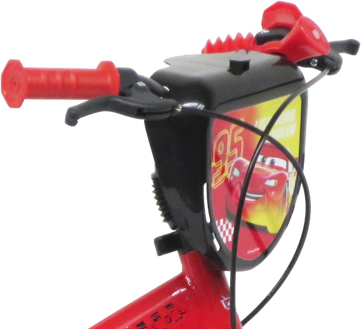 A.T.L.A.S. Cars/MC Queen 12 Inch Bike with 2 Brakes, Decorative Front Plate, Mudguards, Housing and Stabilizers Rear Bottle Holder Boy, Red