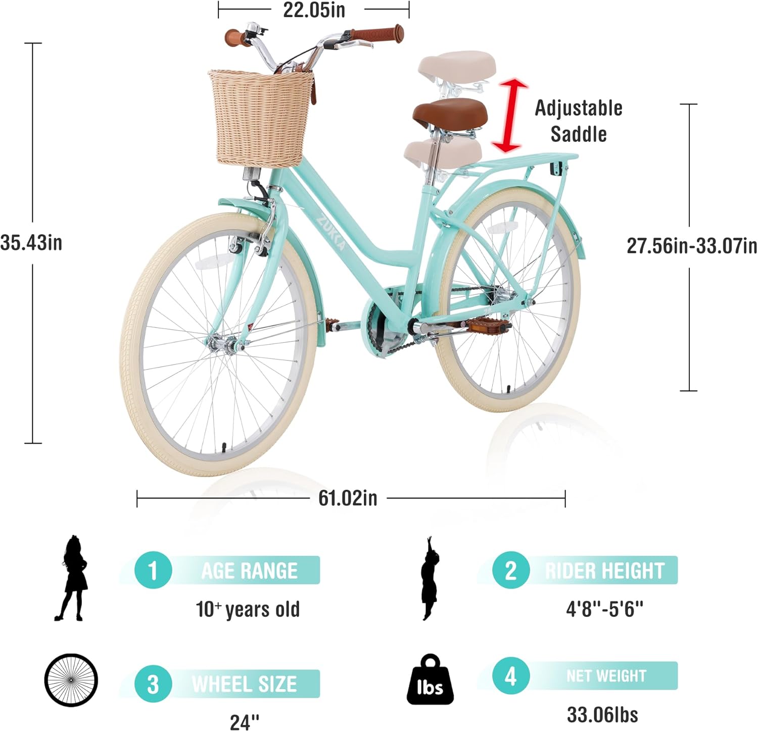 ZUKKA Kids Bike 20/24 Inch Girls Bike with Basket Single Speed Crusier Bike Front V Brake and Rear Coaster Brake for Over 7 Years Old Kids, Multiple Colors