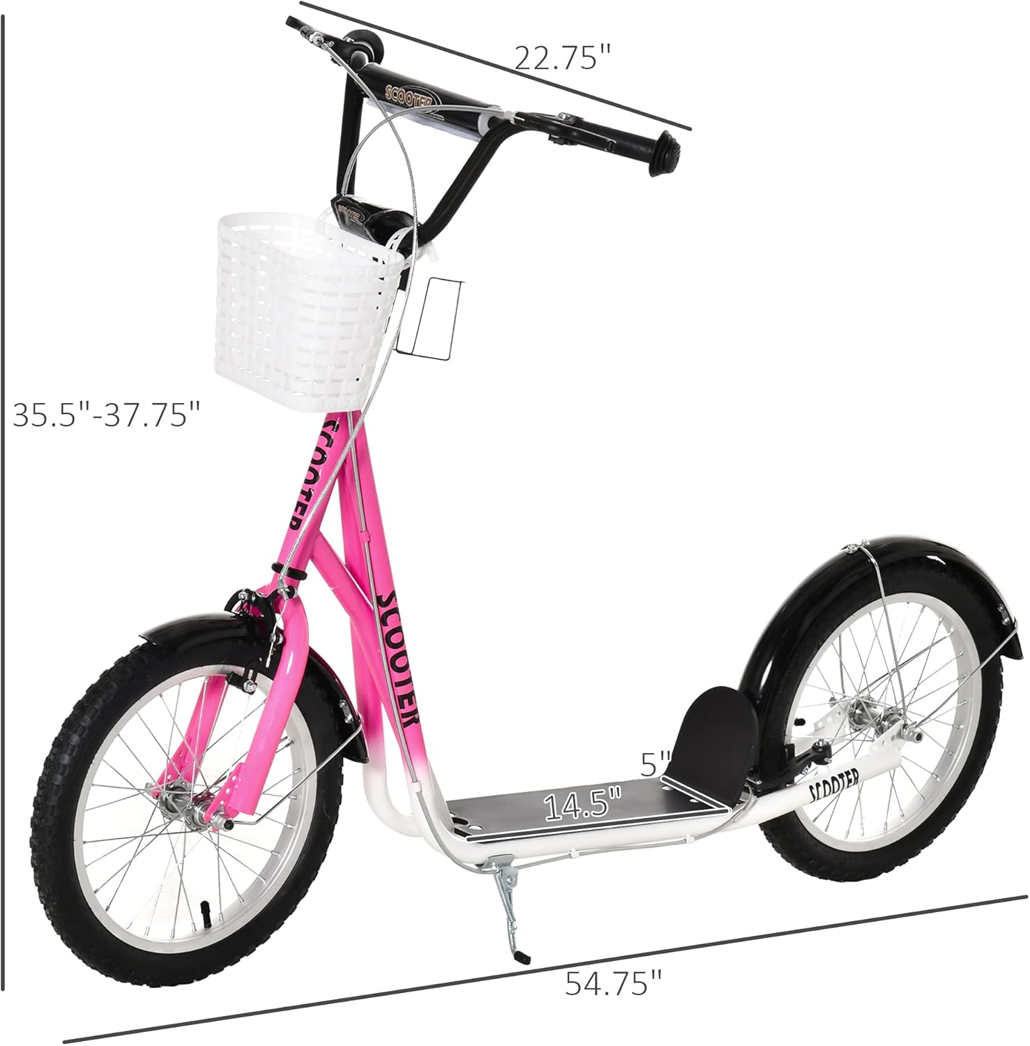 Adjustable Kick Scooter for Kids, Toddler Scooter with Basket and Cupholder, Pink Scooter with 16