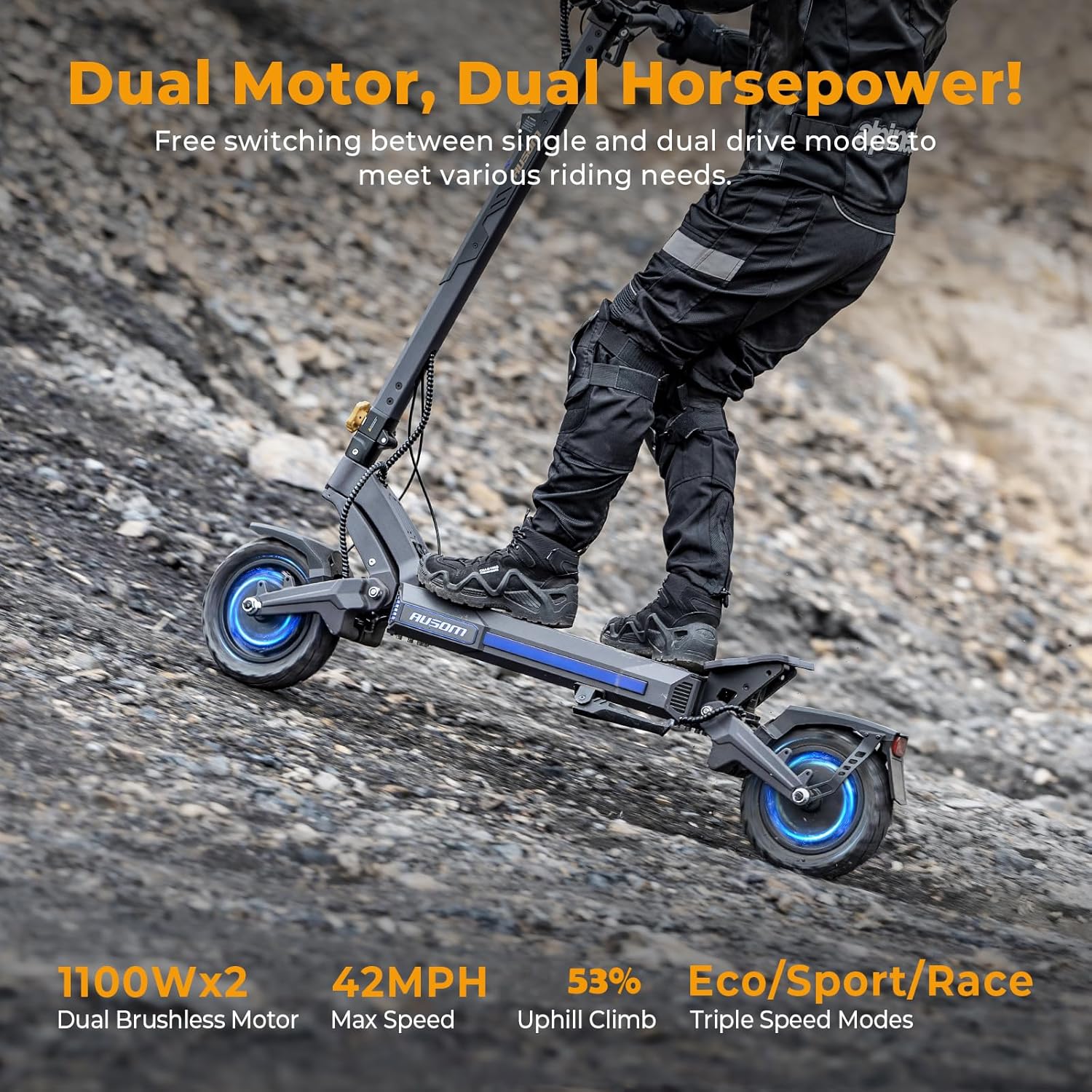 Ausom L1/L2 Max/DT2 Pro Electric Scooter for Adults, 800W-2200W Motor, 28/31/42 MPH Top Speed, 44/56/71 Miles Range, Dual Hydraulic Disc Brakes, Off Road E Scooter
