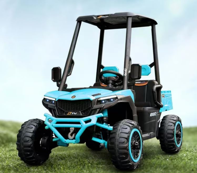 24V Kids Golf Cart, 4WD 2 Seater Ride on Car w/Sun Shade, Storage Trunk & Remote Control, Electric Vehicle w/LED Lights, Realistic Sounds & Wireless Connection, Gift for Boys Girls 3+ (Blue)