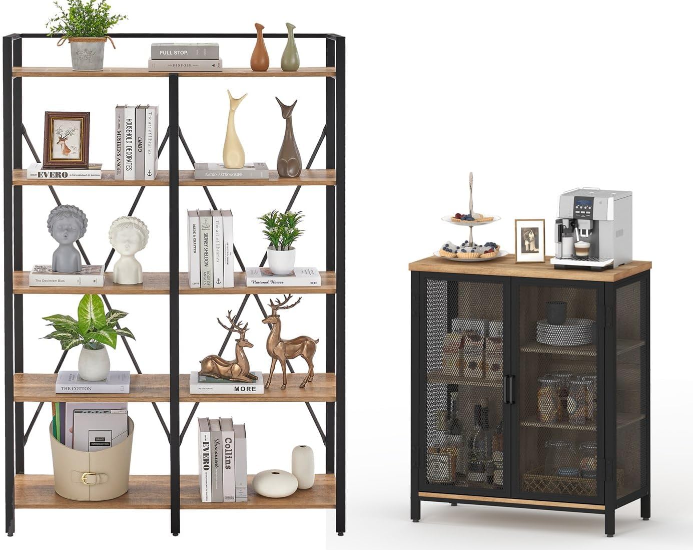 BON AUGURE Small Liquor Bar Cabinet for Home, Industrial 5 Tier Large Bookshelf Bookcase, Rustic Wood Metal Shelving Unit(Vintage Oak)