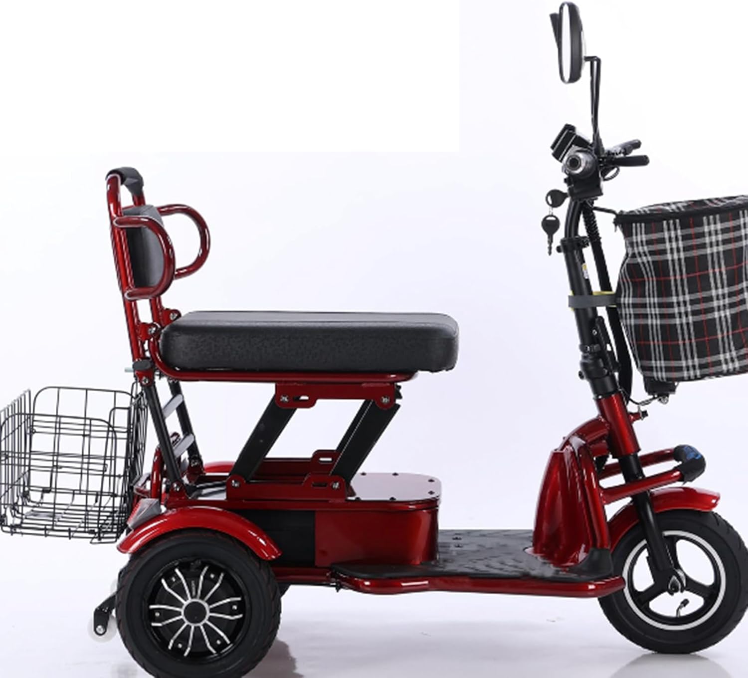 Small Three-Wheeled Folding Scooter, Double Shopping Cart, Battery Car for The Elderly, Three-Wheeled Mini Electric Car,Red