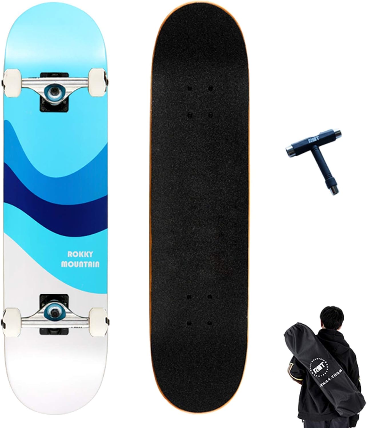 Skateboards Tricks Skate Board for Kids Teens Adult Beginner Teens Gift 20×19cm Complete Skateboard 7 Layer Canadian Maple Double Kick Deck Concave Cruiser Skateboard with Tool Backpack (C)