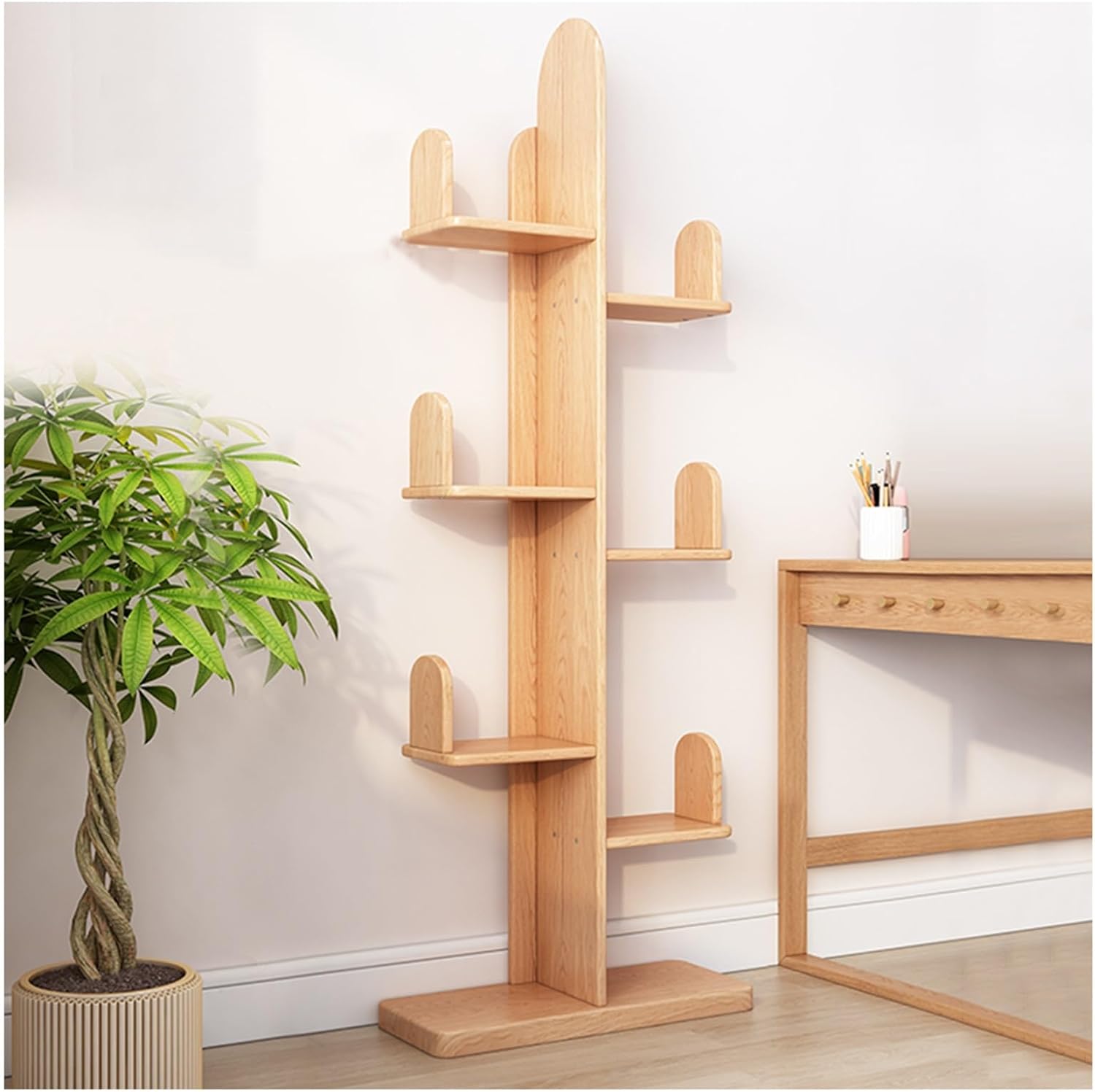 ZFUCMAYL Tree Bookshelf,Tree Storage Display Shelf with Baffle,Floor Standing Bookcase Vertical Book Shelves,Book Tree Shelves for Bedroom Living Room Office(Wood Color)