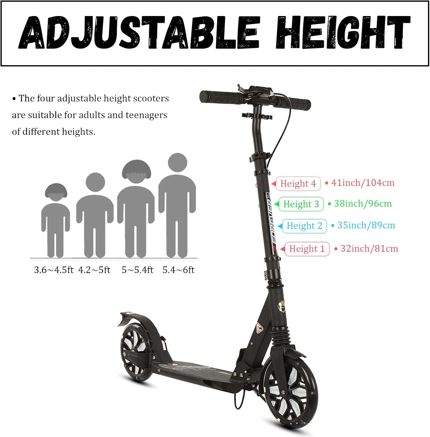 Folding Scooter for Adults, Commuter Kick Scooter 300 lbs Capacity, Big Wheels Scooters for Kids 8 Years and up, Adjustable Height, Aluminum