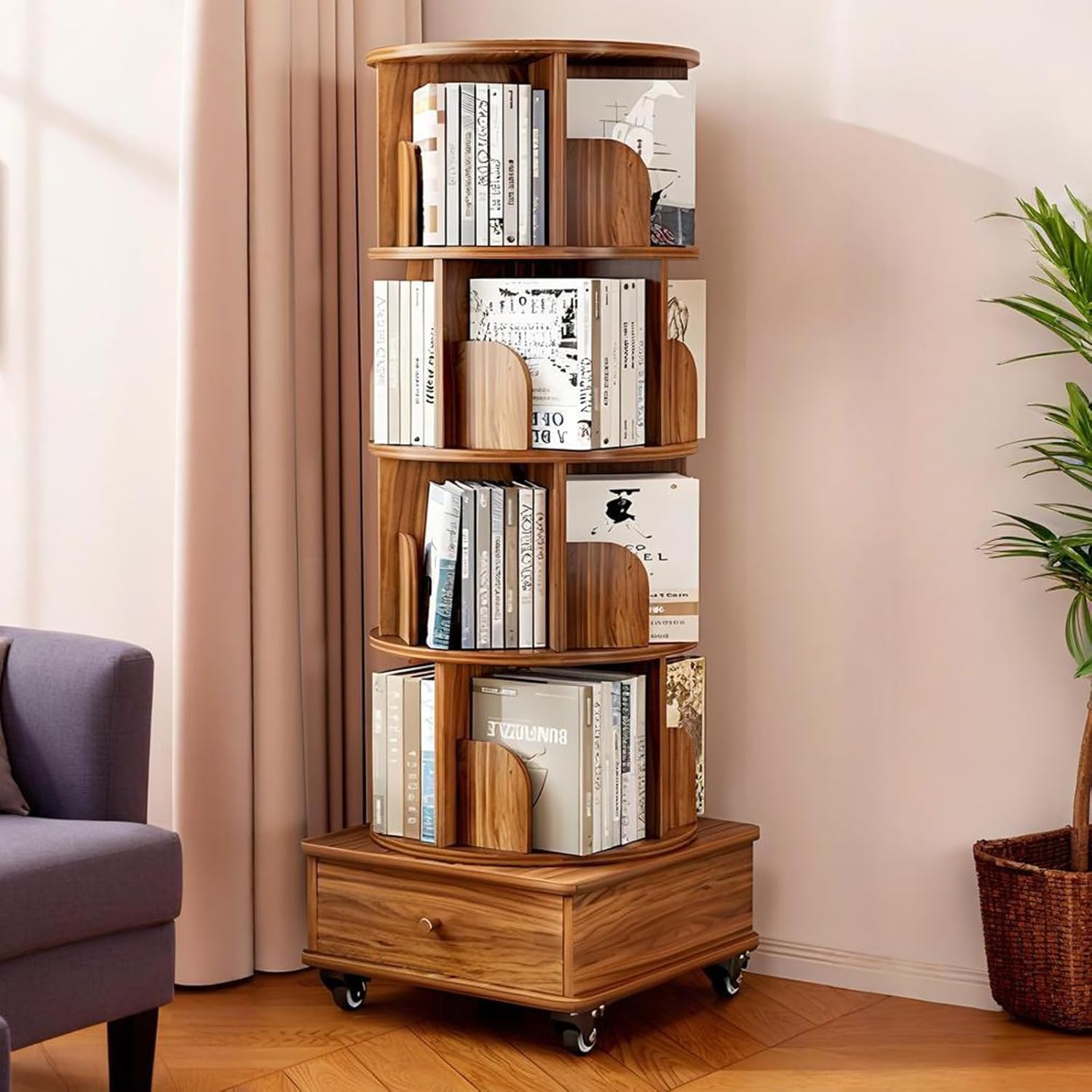 Enchantia Rotating Bookshelf, 360° Rotation Narrow Bookcase with Silent Universal Wheels, Large Capacity Spinning Corner Book Shelf for Small Space Bedroom Study Room, Walnut, 4 Tier