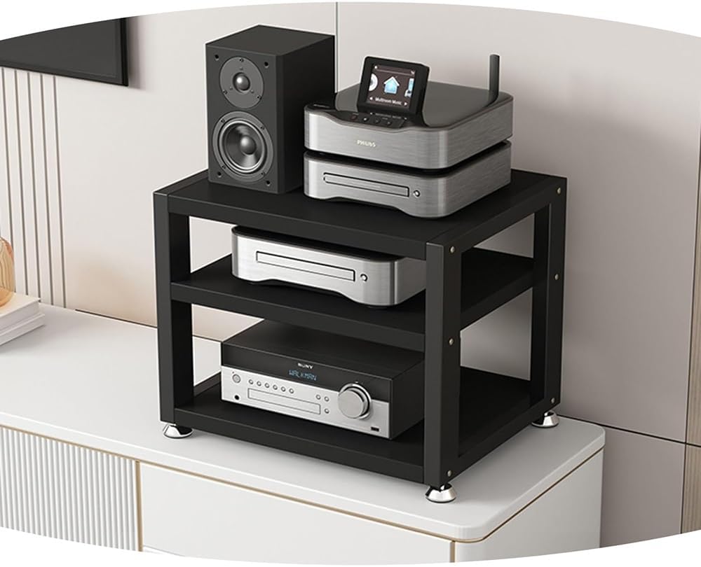 BIUBPW 3 Tier Desktop Amplifier HiFi Rack AV Media Stand Wood Shelf Stereo Rack Corner Audio Tower Office Entertainment Stereo Component Cabinet(Black