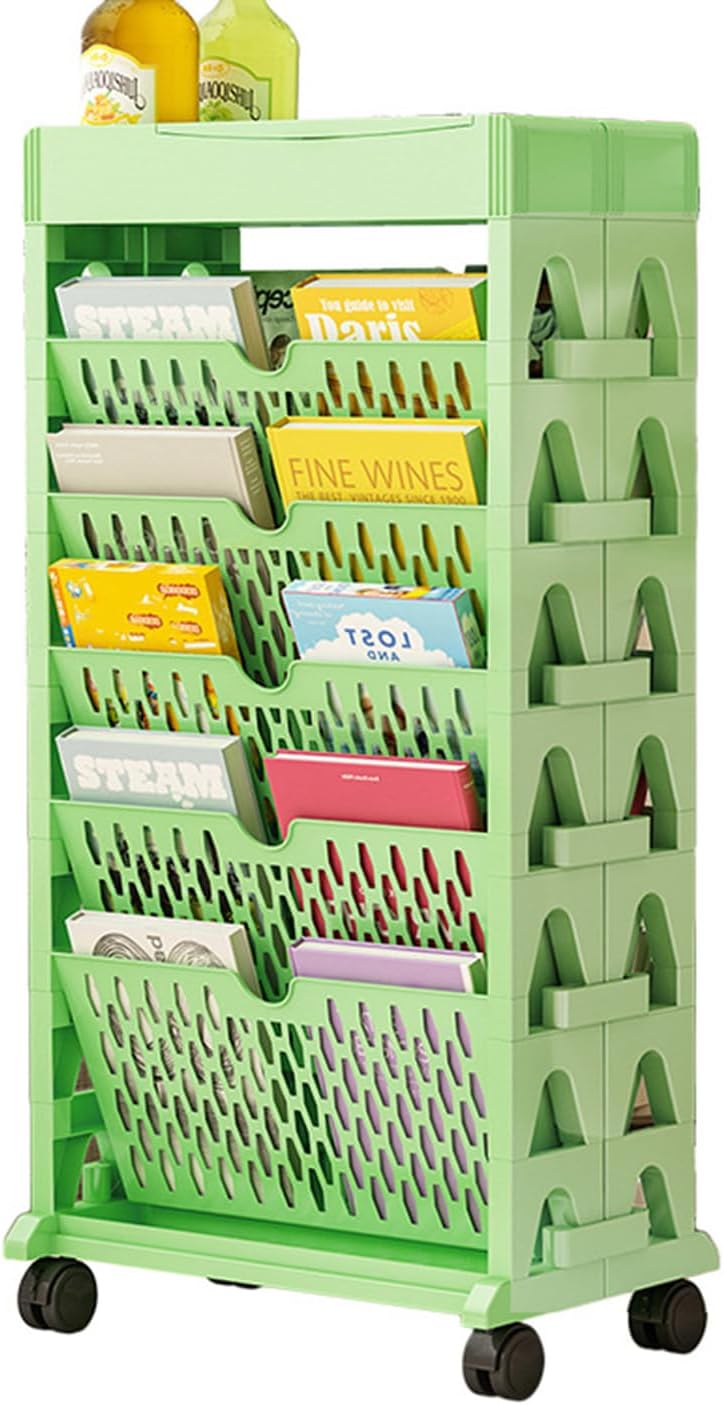 6 Tier Removable Movable Bookshelf, Mobile Unique Bookcase with Top partition storage, Utility Organizer Green Bookshelves with Wheels for Students Study in Bedroom Living Room Home School,Green,70cm