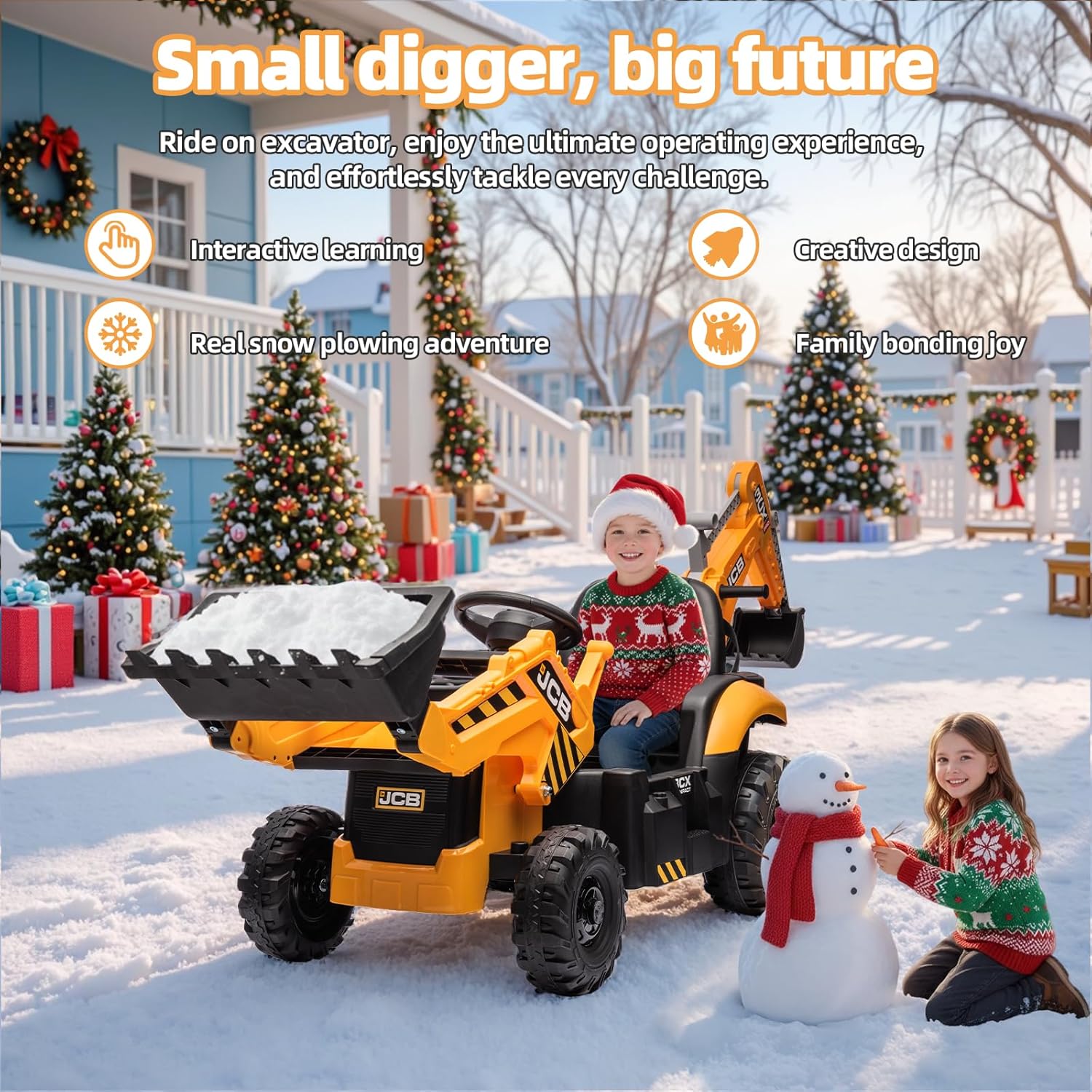 24V JCB Ride On Excavator for Kids, 3-in-1 Ride On Backhoe Digger with Front Loader & Rear Arm, Remote Control, Slow Start/Stop, Adjustable Speeds, Electric Construction Vehicle Toy for Ages 3–8
