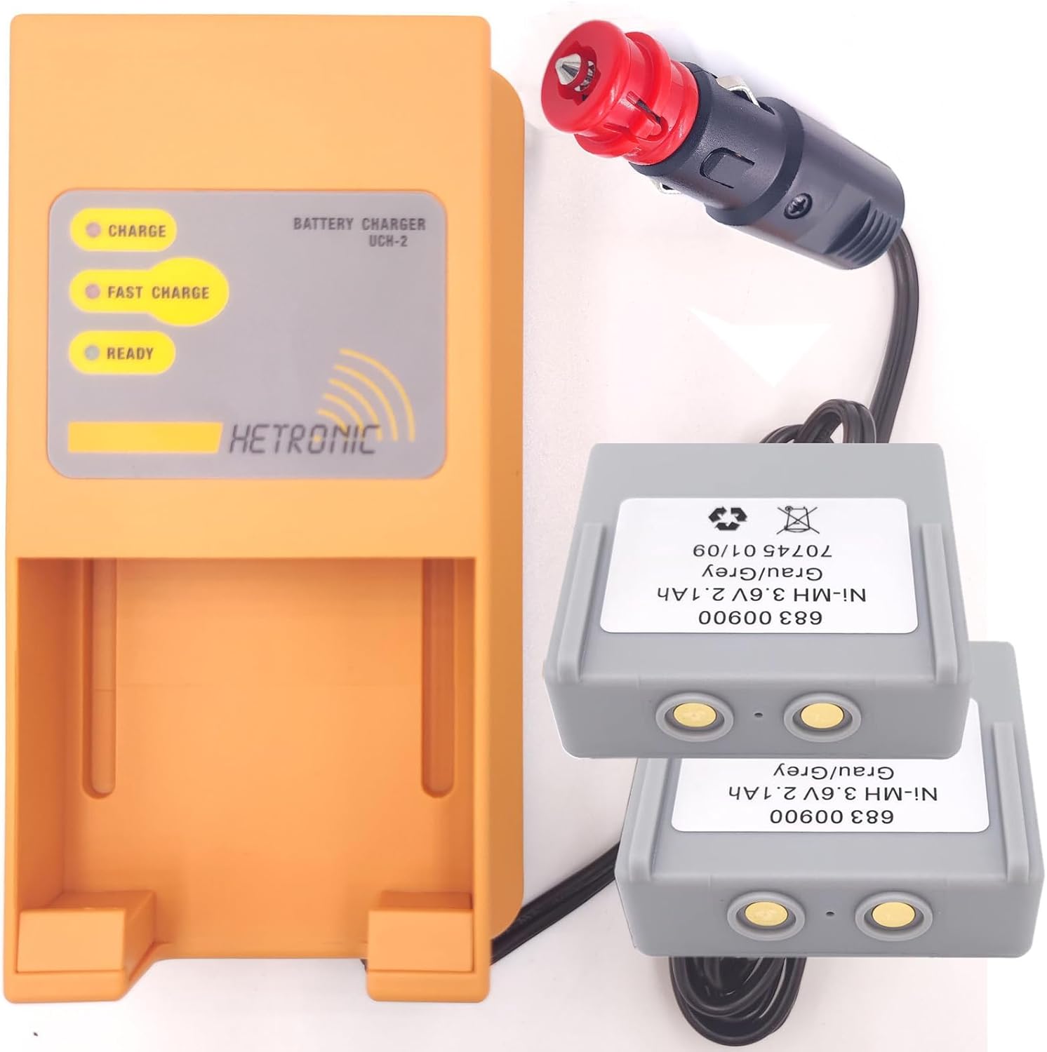 (2Pcs Battery with Charger) UCH-2 Battery Charger UCH2 Input 10-30VDC Out 300/780mA with 3.6 Volt Hetronic 683 00900 Battery, Hetronic 68300900 Battery with Charger (Car Charger Plug)