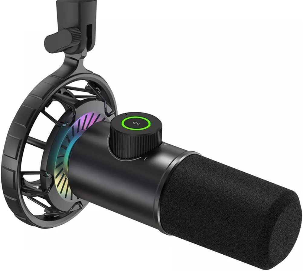 Dynamic Microphone for Computers, USB Microphone forGames, with Click-Mute Button/RGB Light/Headphone Jack (A