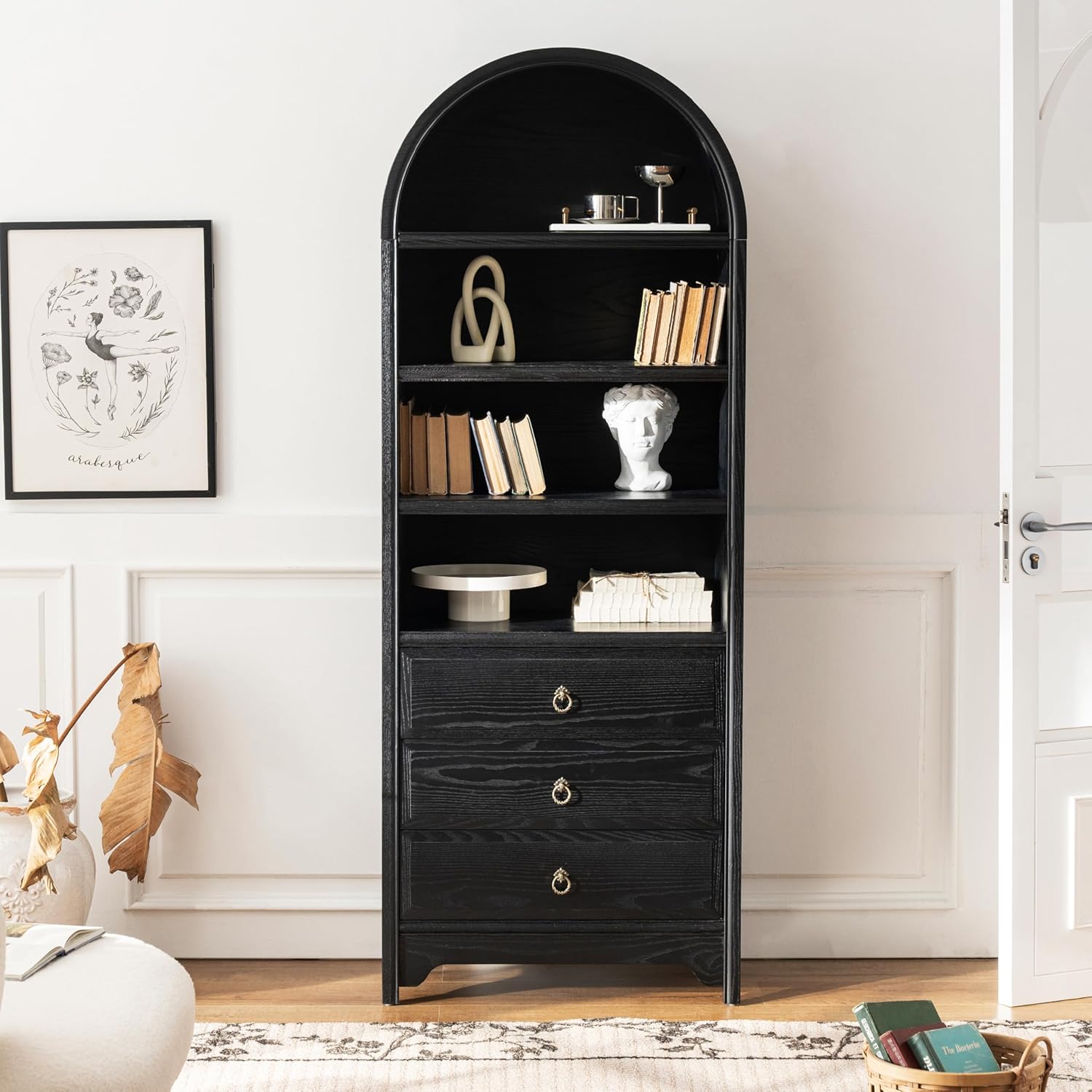 Chogori Solid Wood Arched Bookcase- Natural Wood Veneers & Water Based Paint Finished- Vintage 71 Inch Tall Accent Display Cabinet with 3 Drawers for Living Room,Office,Study (1, Black)