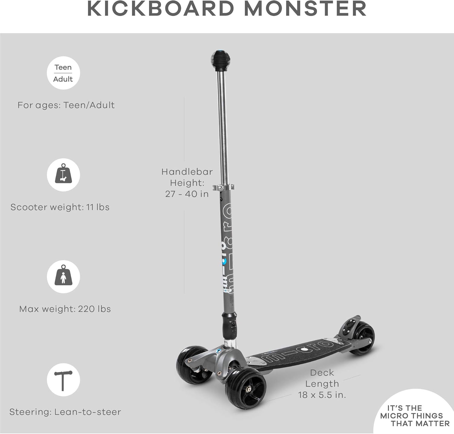 Micro Kickboard - Kickboard Monster - Three Wheeled, Lean-to-Steer Swiss-Designed Micro Scooter for Teens & Adults with Wide Wheels and Two Steering Options for Ages 13+ (Grey/Black)