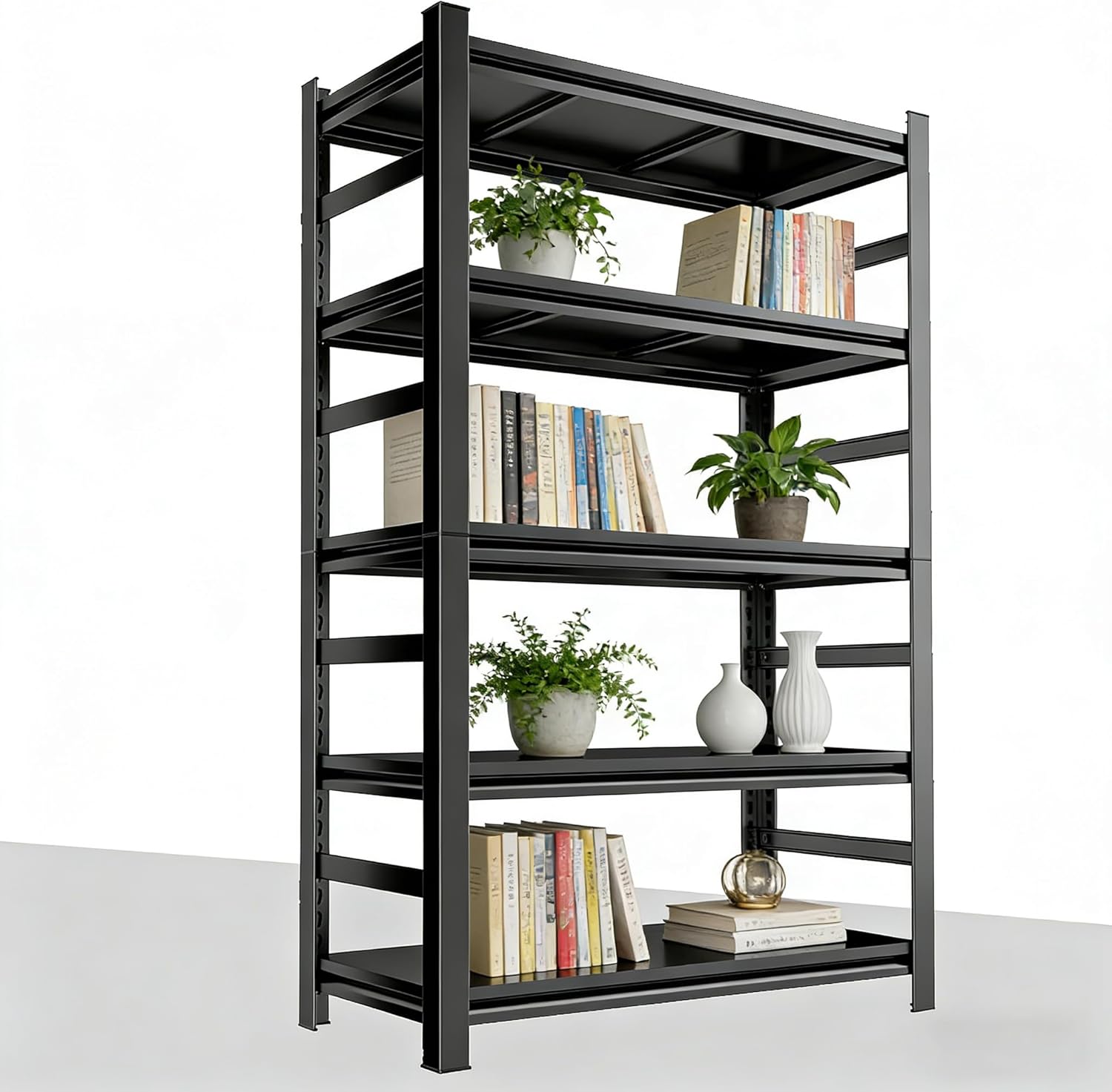 SFTORMAS Metal Bookcases, Industrial Style Bookcase with Steel Frame, Heavy Duty Open Storage Shelf for Living Room Home Office Study, Black (73