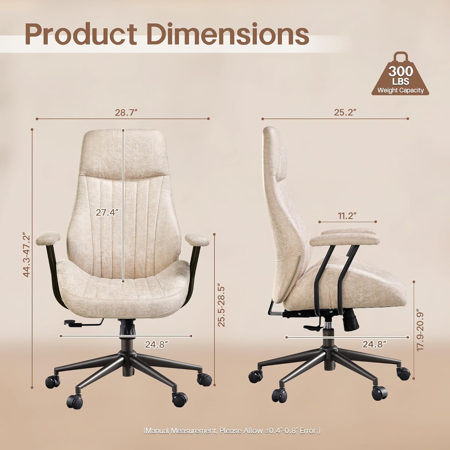 HOOOWOOO Faux Suede Leather Home Office Chair,MCM Modern Ergonomic Task Work Chair,Computer Desk Chair with Cushion Seat Lumbar Support Reclining High Back for Long Hours(Beige)